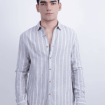 806STLN003 เสื้อลินินลายทางคอปกแขนยาวสีเทาอ่อน Light Grey