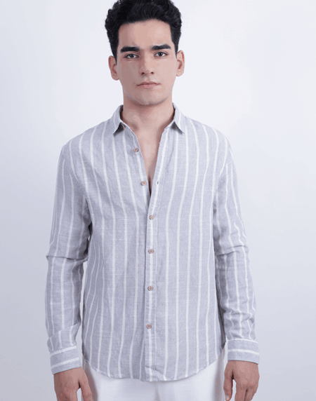 806STLN003 Light Grey Stripe Regular Collar Shirt in a Linen Blend